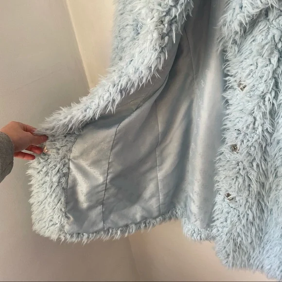 Guess Blue Fuzzy Faux Fur Jacket Ice Blue - Picture 4 of 9